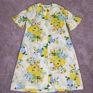 Heiress Robe Women M Yellow Floral Mod 1960s Mid Century Modern Pleated Trim Vtg